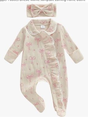 Cream and Pink Bow-Print One-Piece with Headband - Kids